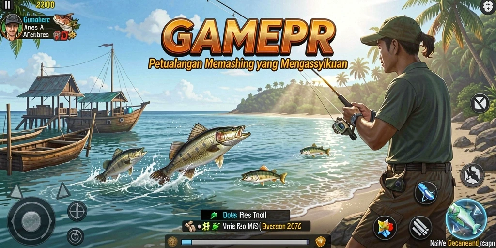 Screenshot menunjukkan aksi memancing yang seru dengan ikan yang melompat.