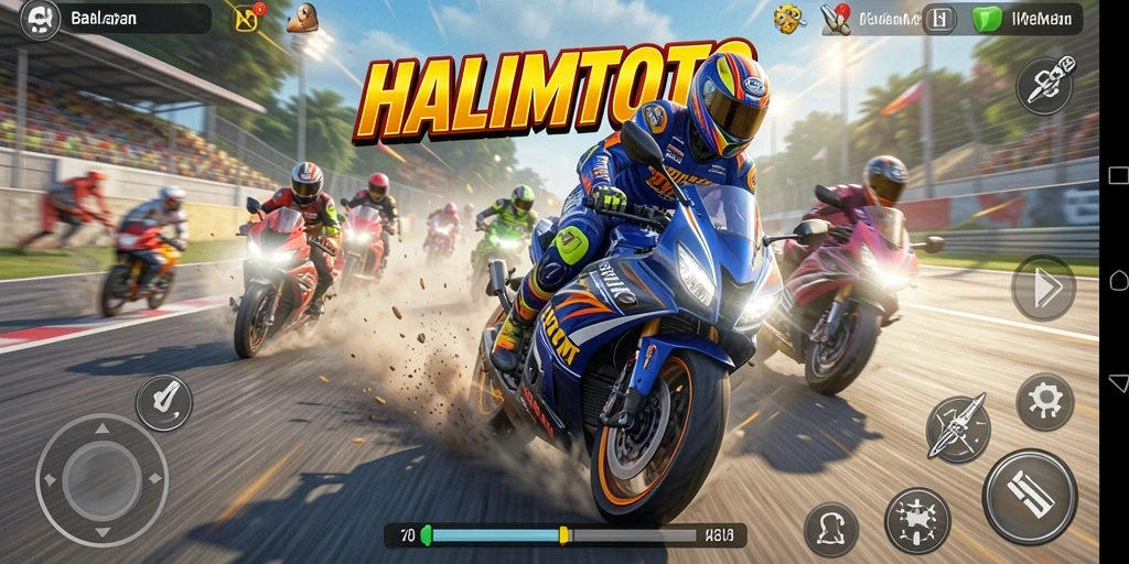 Screenshot menunjukkan balapan motor yang menegangkan dengan grafik memukau.