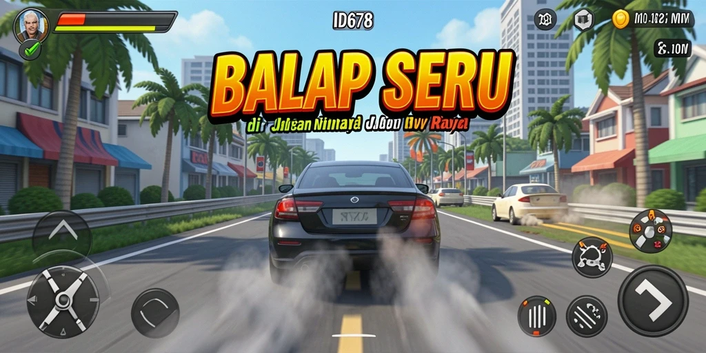 Gameplay menegangkan ID678 dengan mobil balap di lintasan.