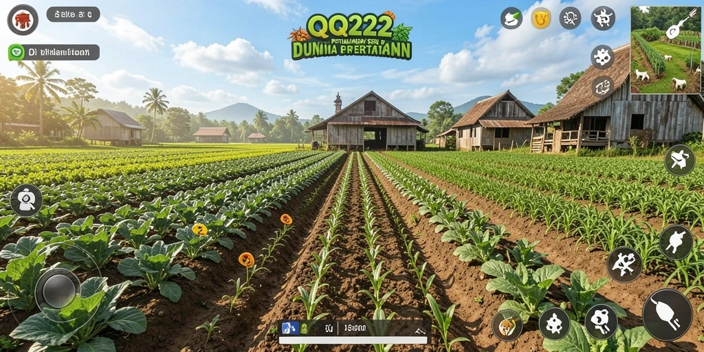 Screenshot gameplay QQ222 menampilkan lahan pertanian yang subur dan hewan ternak.
